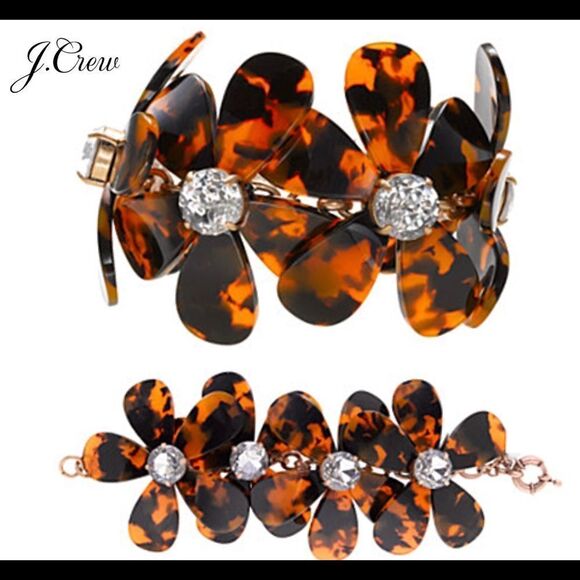 J.crew Brown tortoise shell flower crystal rhinestone gem bracelet - Picture 1 of 8